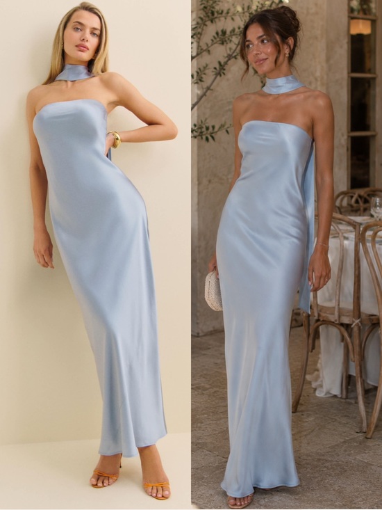 Reformation Dresses & Skirts - Reformation Oren Silk Dress Blue Strapless Maxi Dress Scarf Neck Gown Small